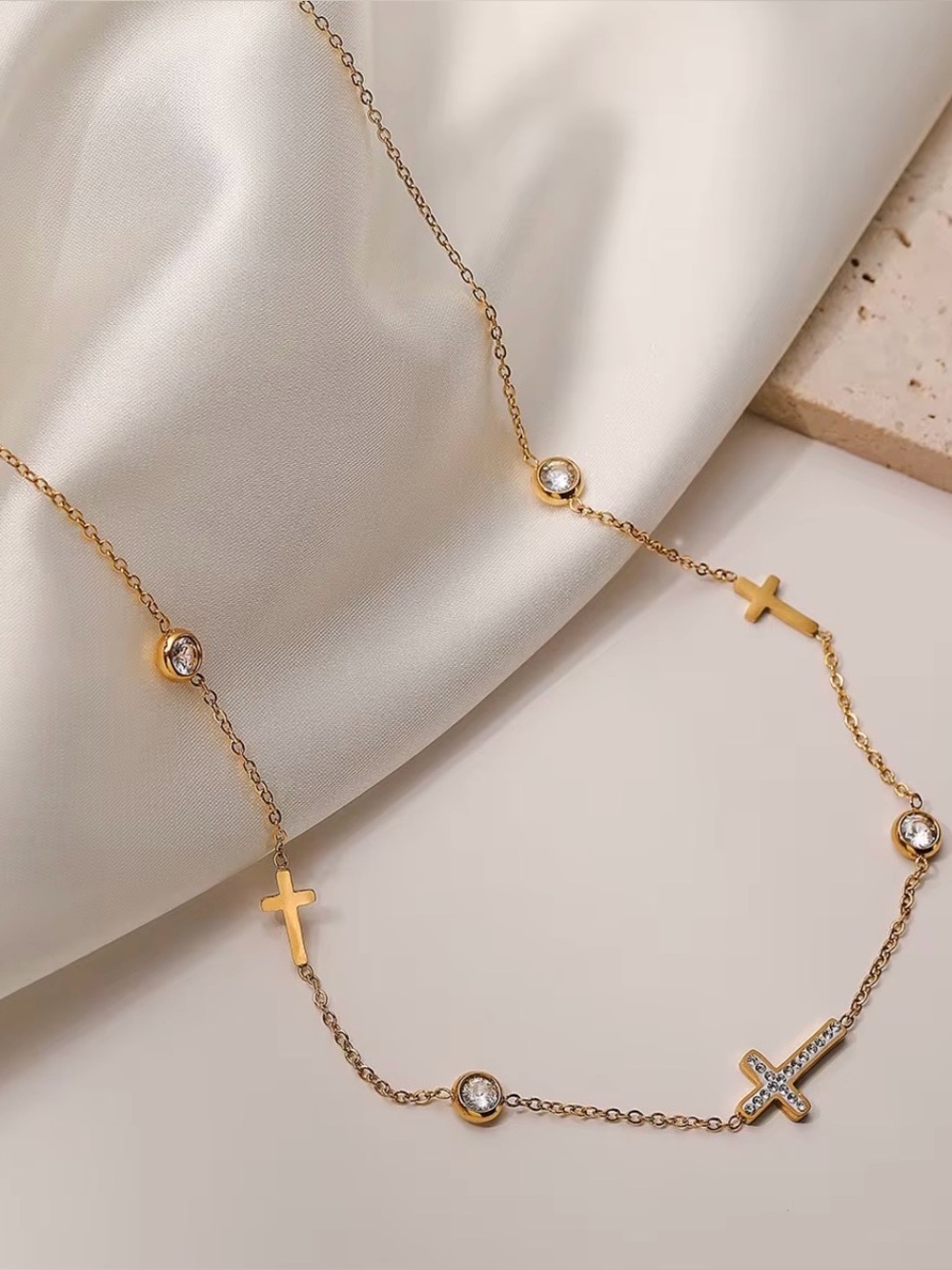 Gold Cross and Crystal Station Necklace